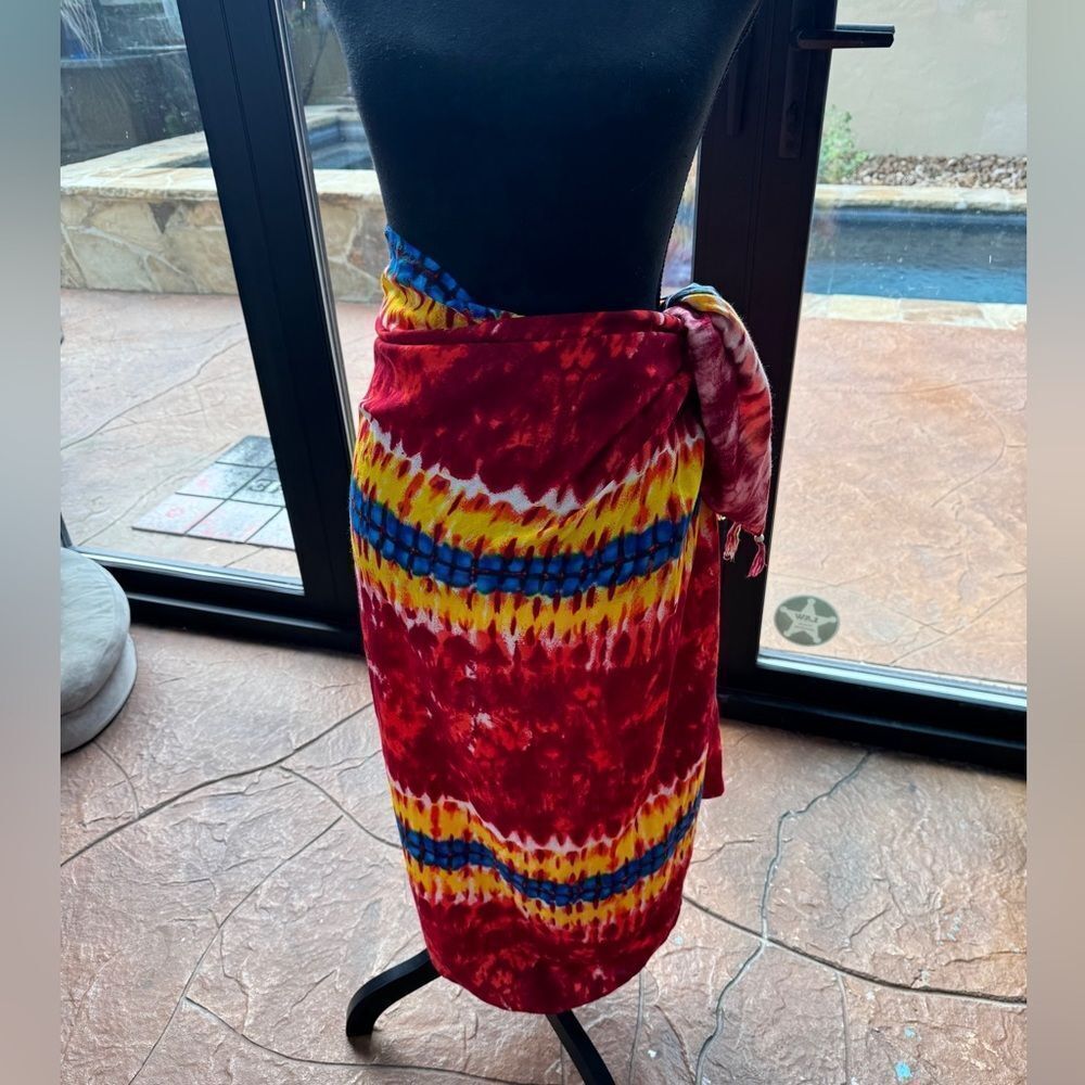 Thai Sarong Vintage colorful tie dye bright with ties and beads 54 inches x 40